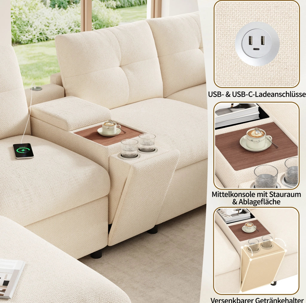 Divano angolare modulare 6 posti in ciniglia beige con USB