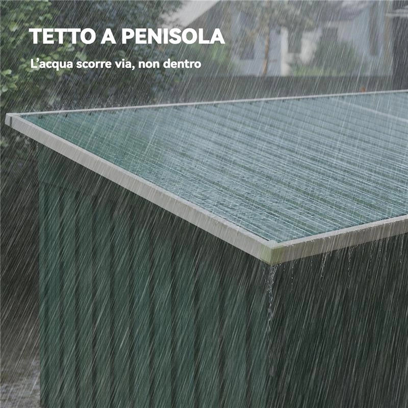 CASETTA DA GIARDINO IN ACCIAIO 272 X 134 CM CON PORTE SCORREVOLI DOPPIE E 2 PRESE D'ARIA, VERDE