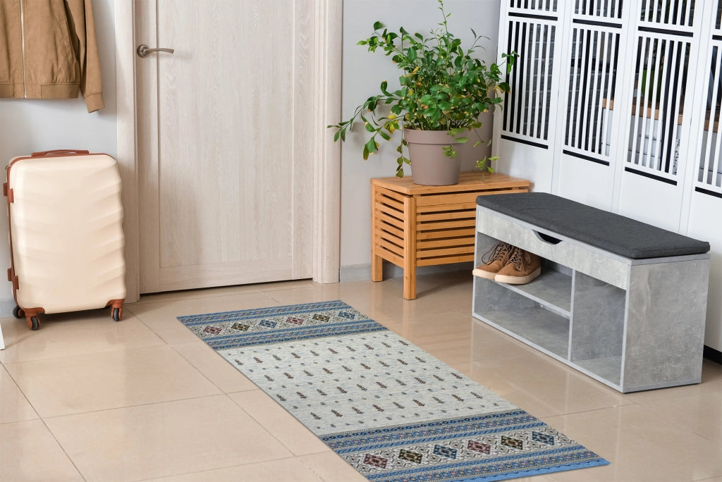 Tappeto Arredo Moderno Morbido in Ciniglia Ingresso Antiscivolo Prodotto Italiano  Soggiorno Camera Salotto Disegni Piazzati Cotone Varie Misure Grande Loom/Azzurro - 65x300 cm