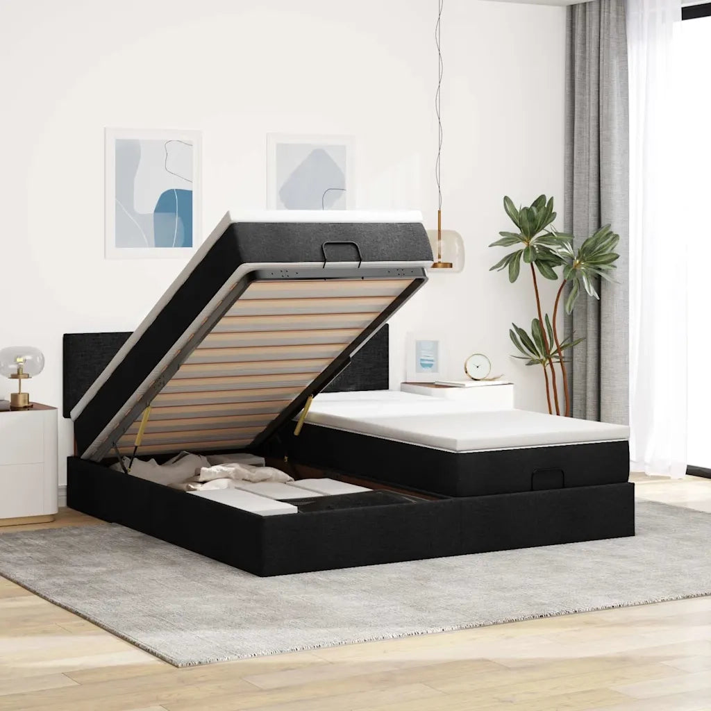 Struttura Letto Pouf con Materassi Nero 180x200 cm in Tessuto