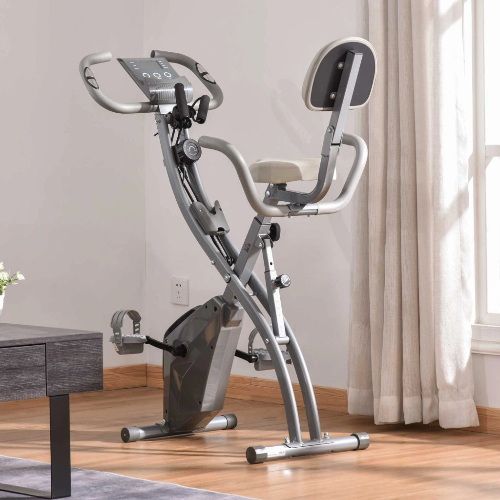 EasyComfort Cyclette Pieghevole 2 in 1, Resistenza Magnetica Regolabile 8 Livelli, Bici da Fitness con Sensore di Frequenza Cardiaca, Elastici per Braccia, Schermo LCD, Volano 2.5kg, Grigio