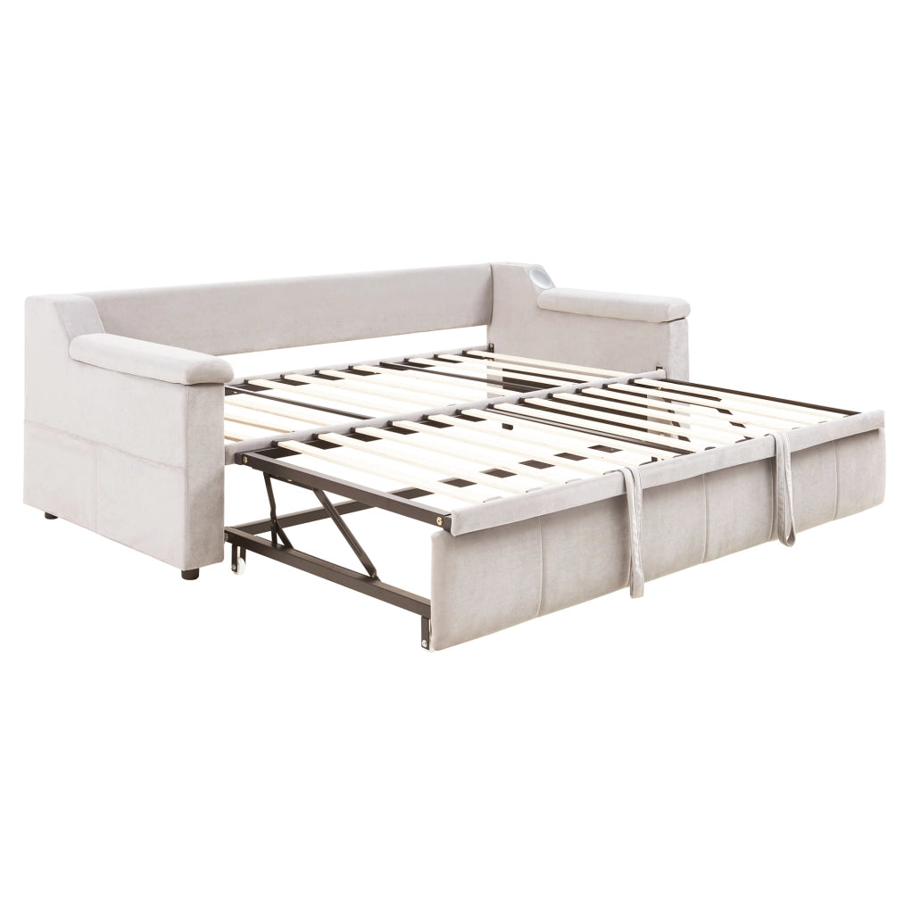 Divano letto 90x190 cm convertibile con Bluetooth; USB e vani in velluto beige