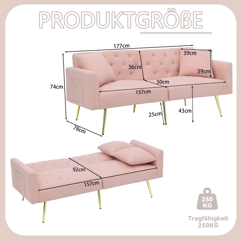 Scaffale con schienale regolabile a 3 livelli, 2 cuscini, gambe in metallo, in teddy, rosa