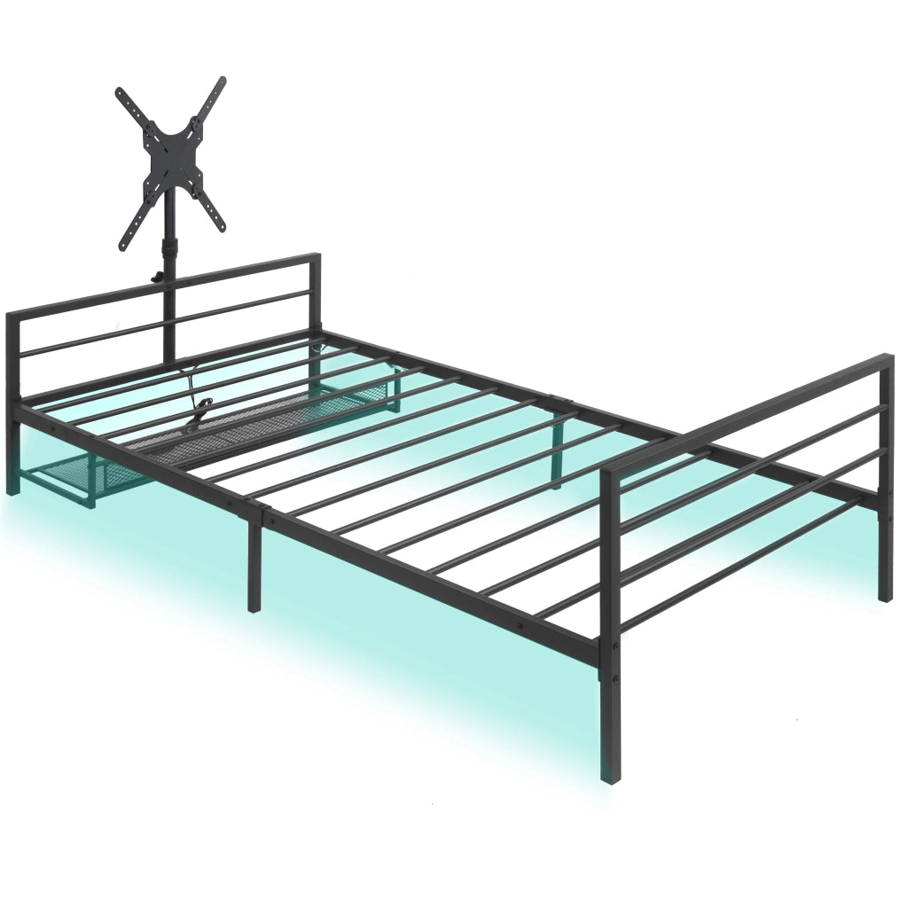 Letto gaming in metallo nero con supporto regolabile, luci LED e cestino contenitore sotto il letto