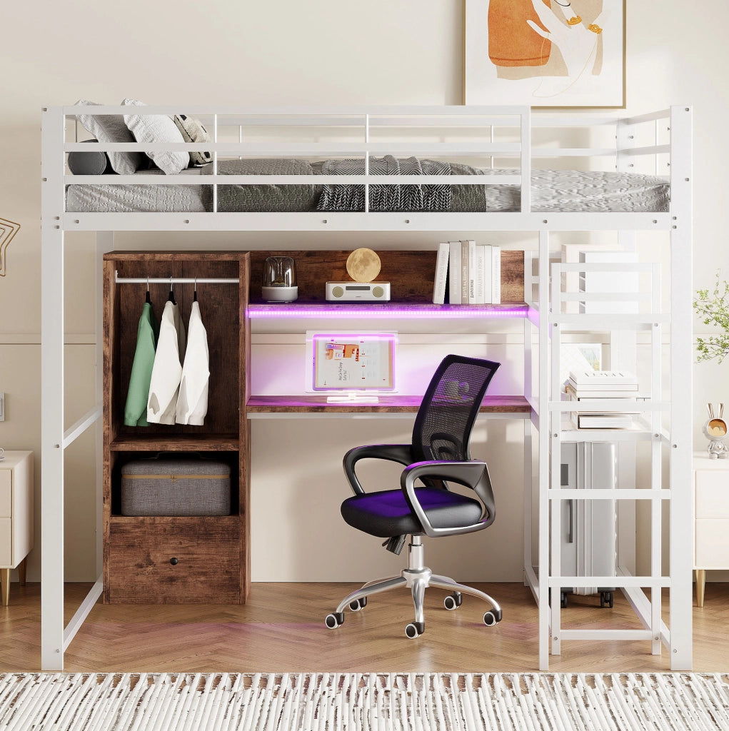 Letto a soppalco 140x200 cm con scrivania; LED e contenitore in MDF e metallo bianco