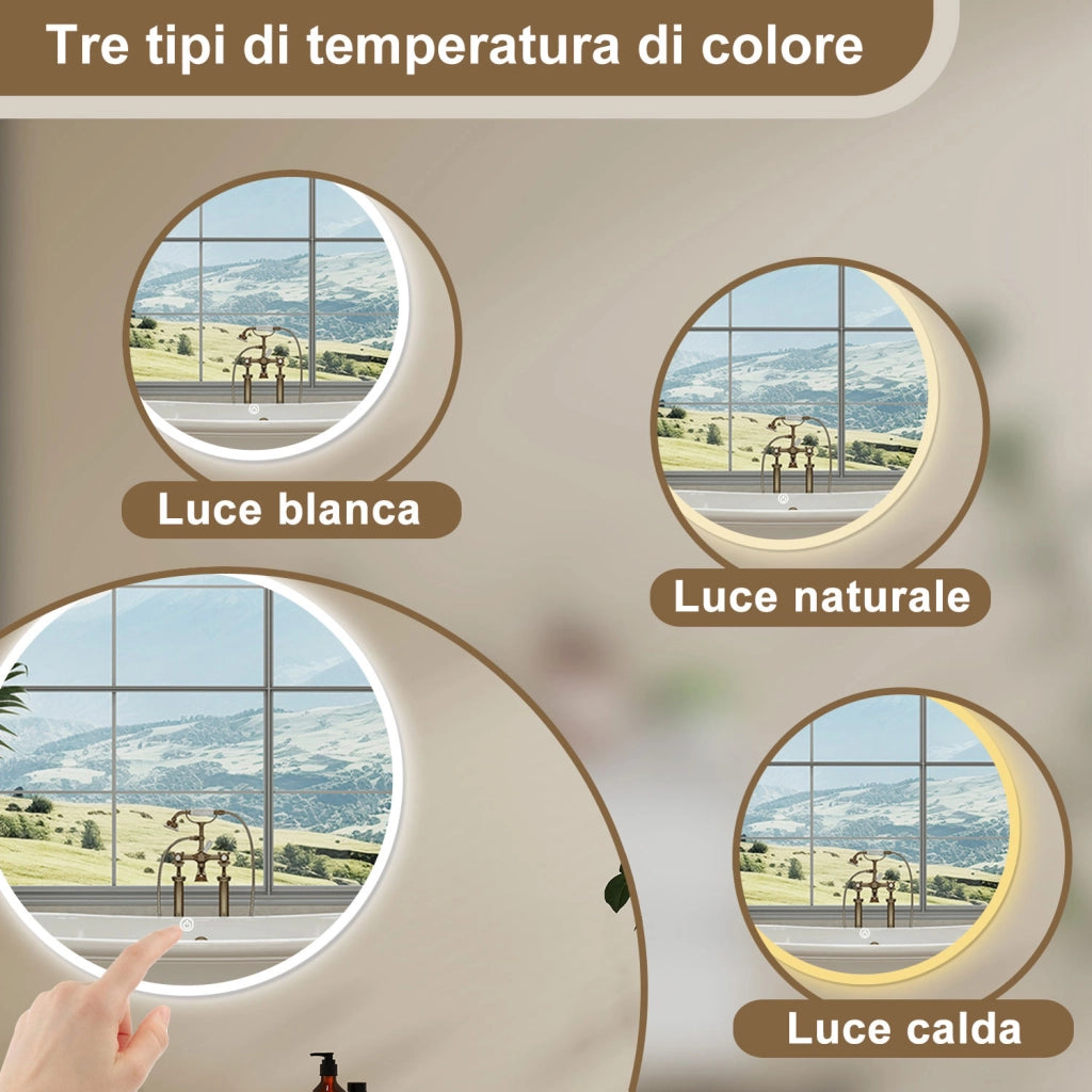AICA Specchio Da Bagno Rotondo Da 80cm con LED, Antiappannamento, 3 Temperature Colore