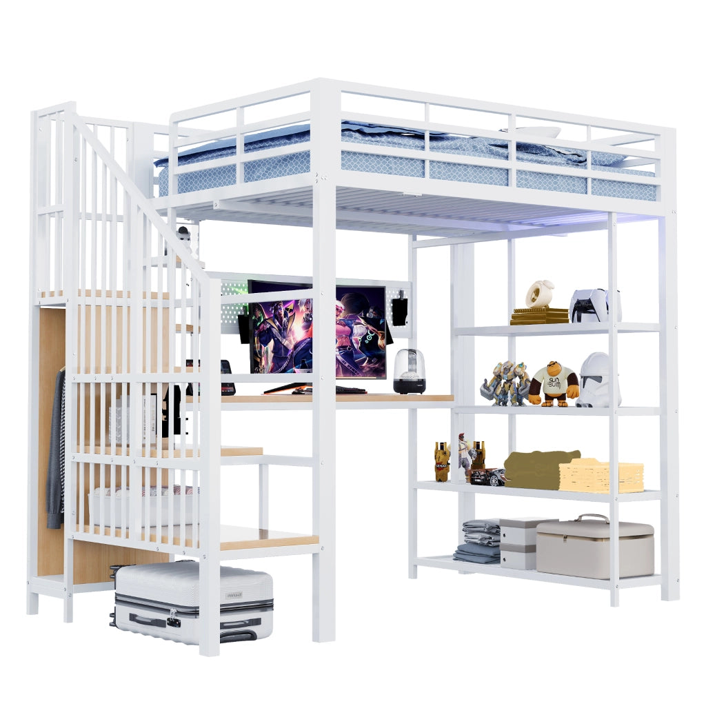 LETTO a soppalco multifunzione 140x200 cm metallo e legno bianco