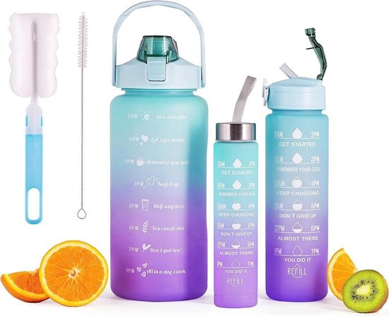 3 x Bicchieri da acqua 2 L + 900 ml + 500 ml con manico di canna Etichetta motivazionale con orologio senza bolle per sport, esterno, ufficio, fitness, campeggio, yoga - BPA-free (Blu/Color viola)