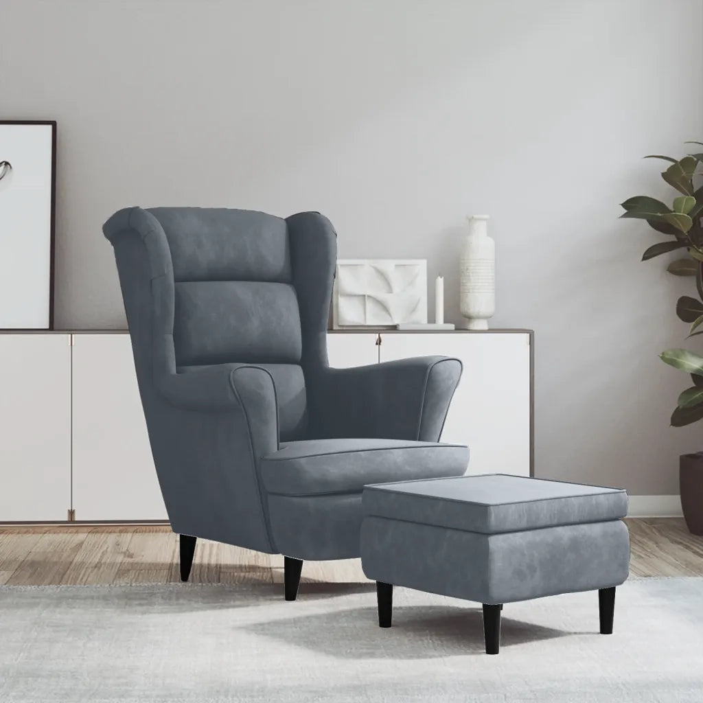 Poltrona | Sedia Relax Schienale ad Ala con Poggiapiedi Grigio Scuro Velluto