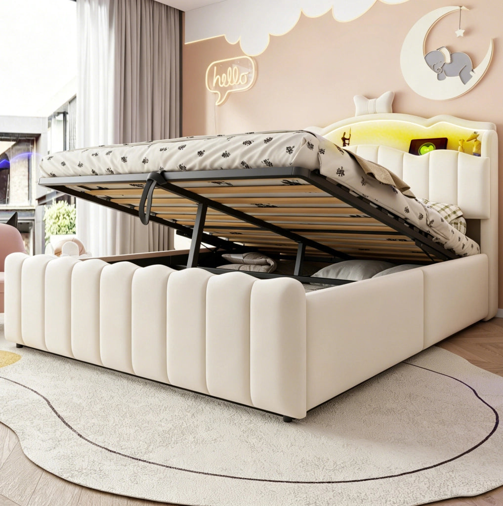 Letto imbottito ULEVR 140x200 cm beige con contenitore idraulico, LED multicolore, USB e USB-C