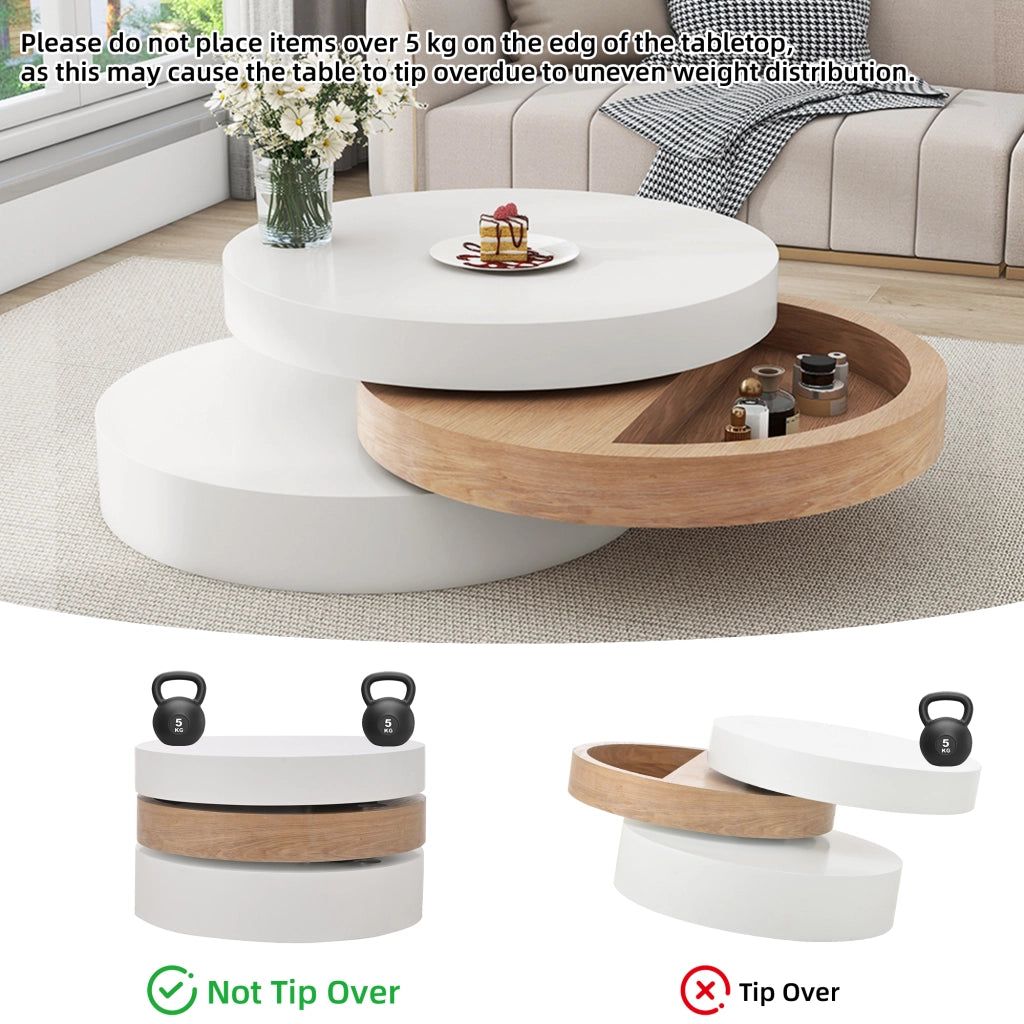 Tavolino basso girevole con 3 piani e vano contenitore nascosto per soggiorno in MDF bianco e legno naturale 60 × 60 × 35,1 cm