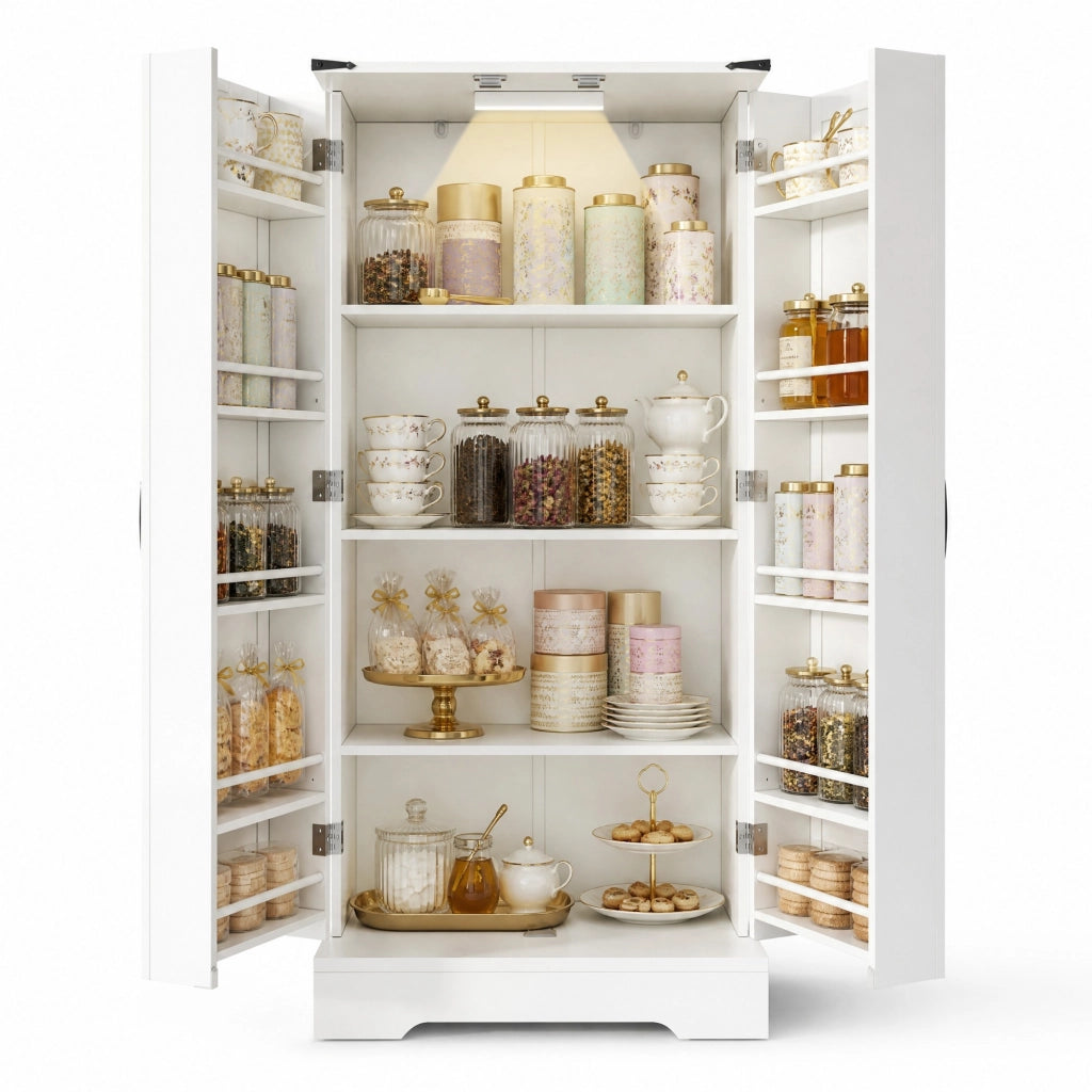 Credenza da cucina in MDF con LED e ripiani regolabili; 60 x 35 x 128;5 cm; bianca