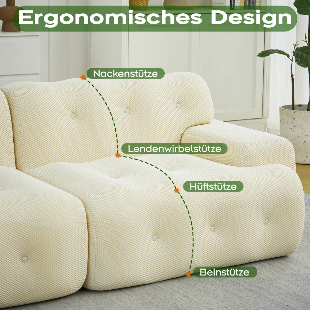 Divano a 2 posti in tessuto traspirante con braccioli larghi e supporto ergonomico beige 224 × 104 × 66 cm