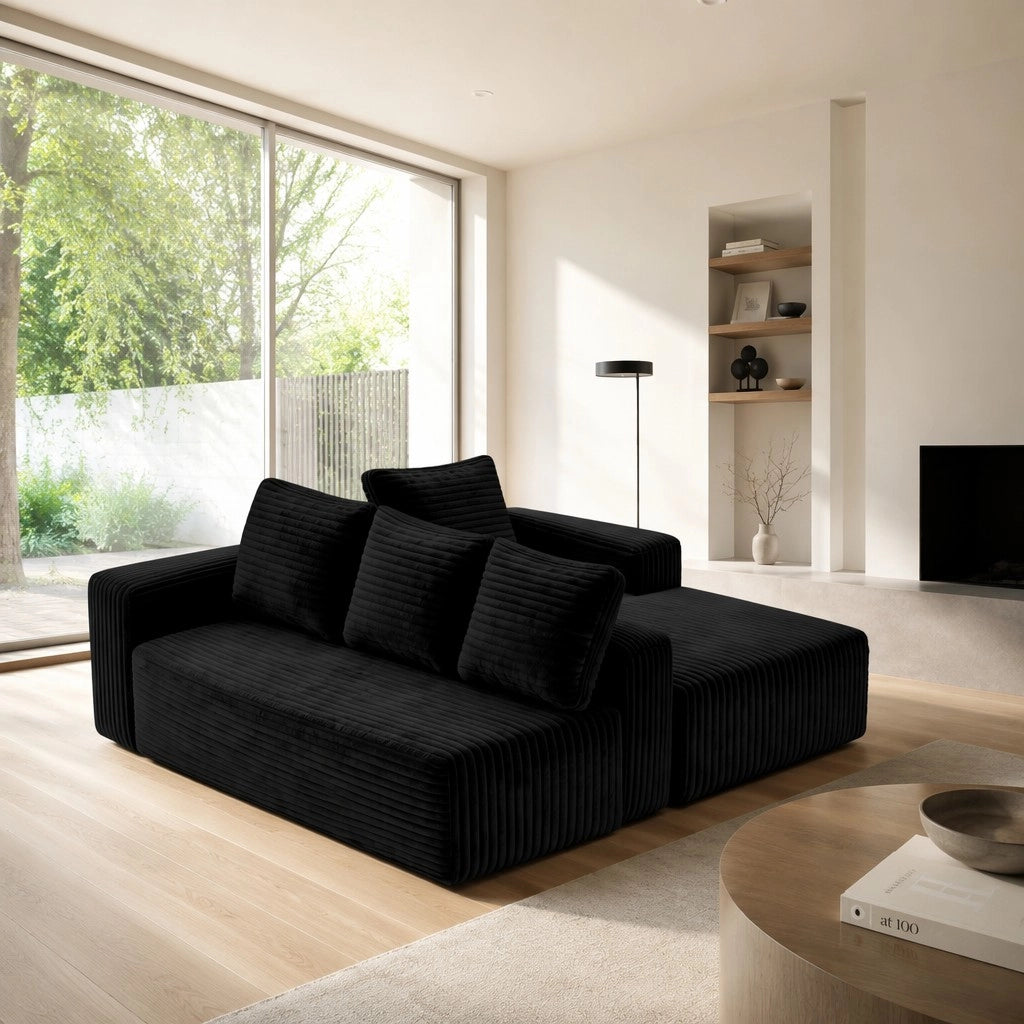 Divano ad angolo, divano a L, con poltrona reclinabile a destra, design modulare, 4 cuscini, pronto all’uso, nero