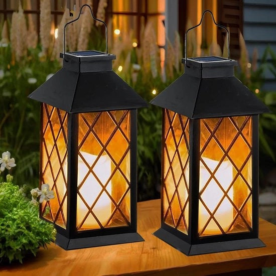 Lampada solare per esterni - 2 pezzi di lampada da giardino con effetto fiamma - Lampada da tavolo impermeabile per terrazza e balcone - Nero