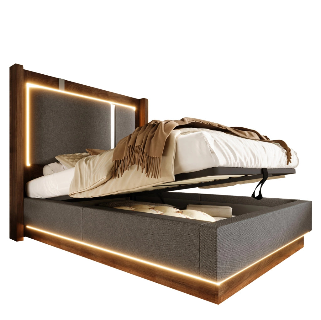 Letto imbottito 90x200 cm con LED; contenitore sollevabile e rete; grigio e noce
