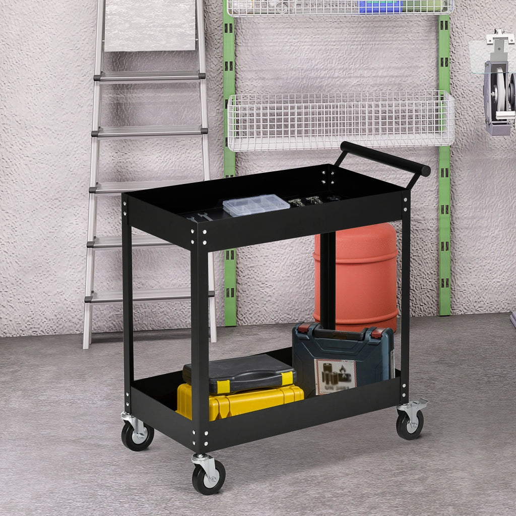 Carrello da officina a 2 ripiani con 4 ruote, struttura in acciaio, portata 150 kg, nero