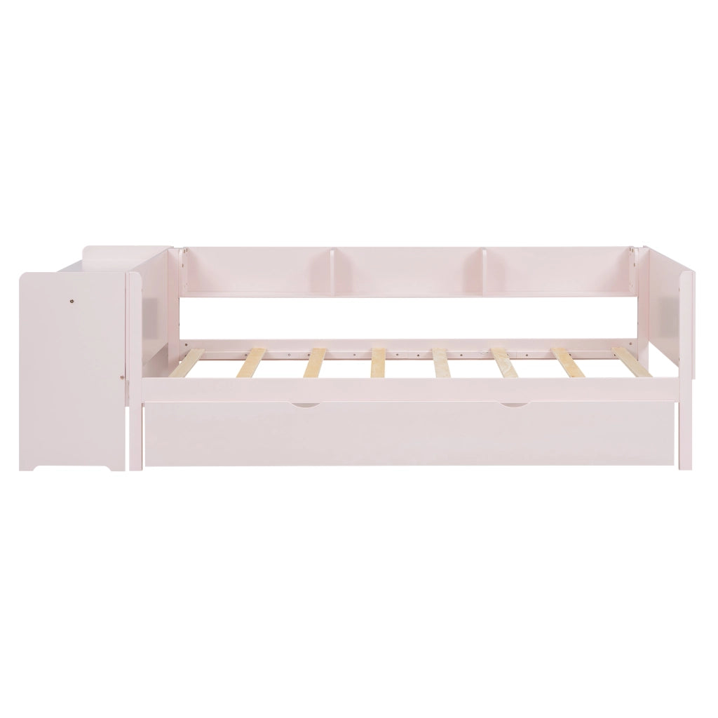 Letto basso con letto estraibile; scrivania e 3 ripiani laterali; legno di pino e MDF; rosa; 90x200 cm