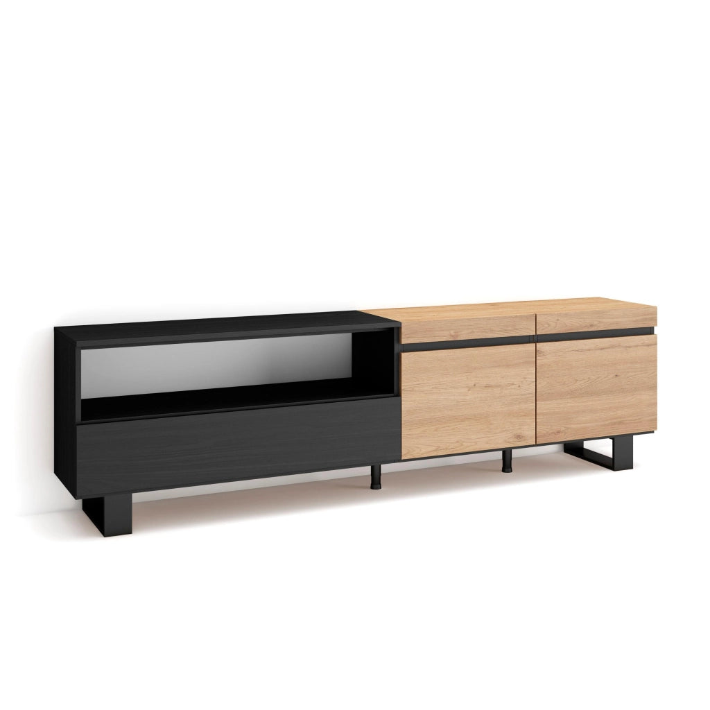 Mobile TV, 200x35x57cm, soggiorno, Per TV fino a 80", Design industriale, colore Rovere e nero RF2251