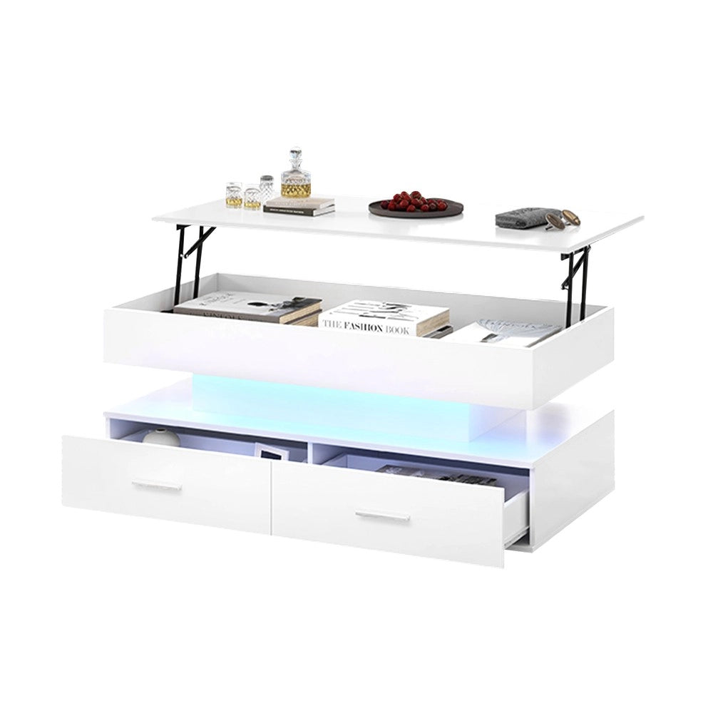 Tavolino da Salotto Sollevabile con LED e Cassetti ¨C Xylo ¨C Bianco, 100x50x44