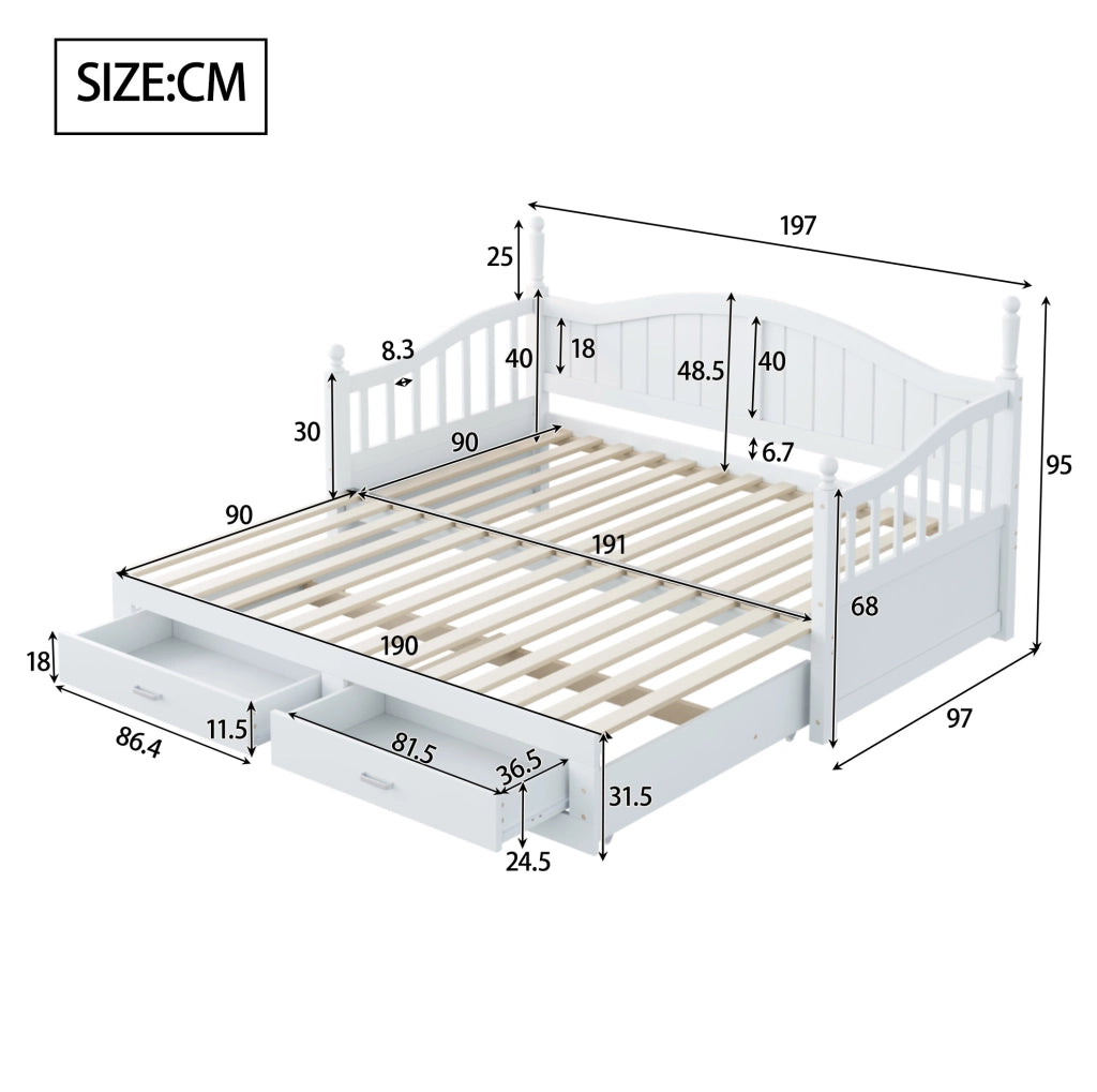 Letto bianco 90x190 cm estensibile con 2 cassetti, senza materasso