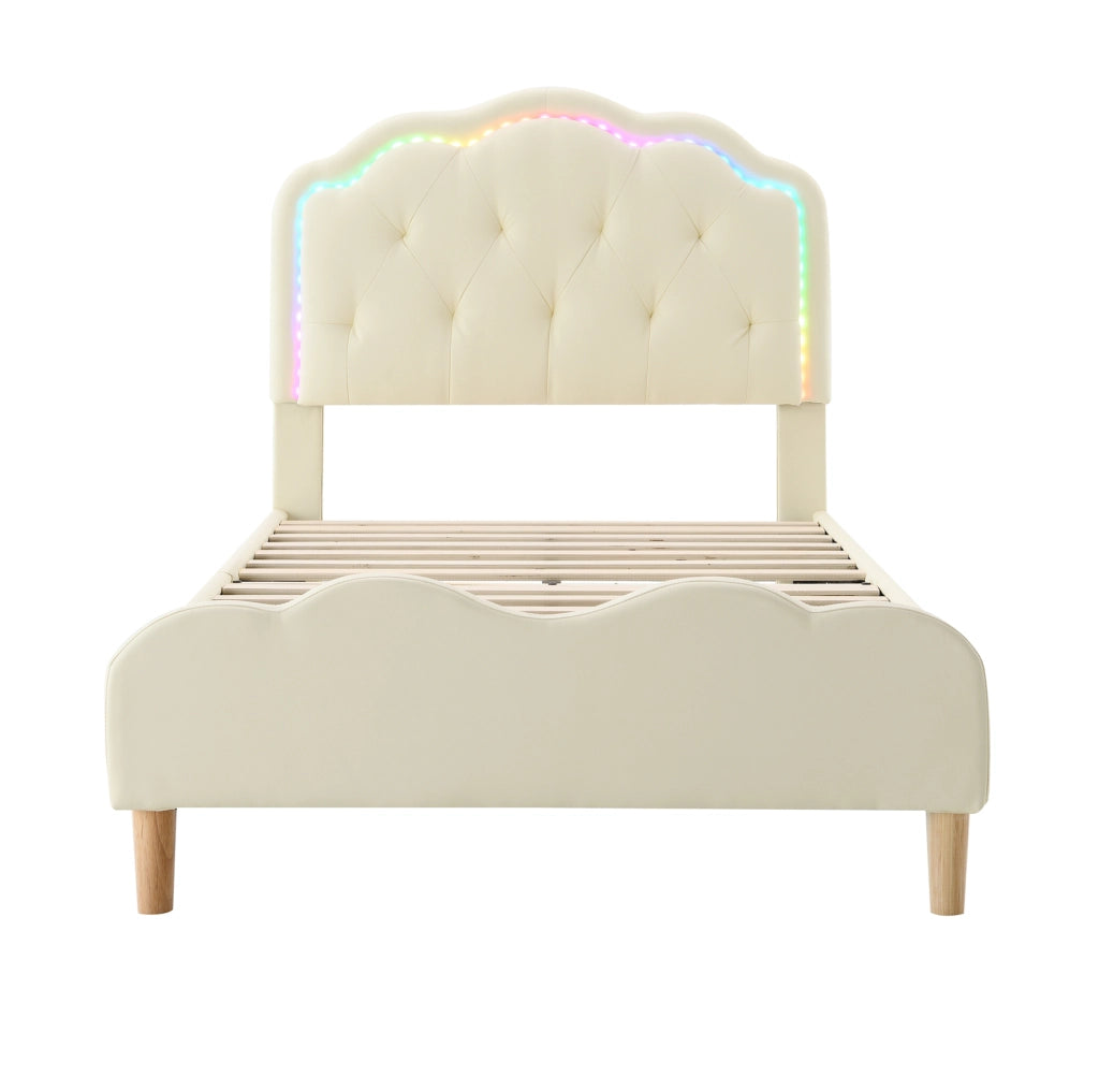 Letto imbottito 90x200 cm con testiera ondulata e LED multicolore in PU beige