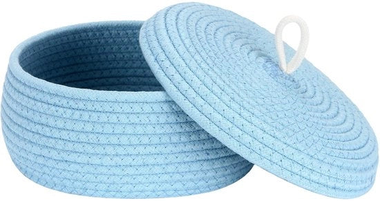 Organizzatore a cassetta rotondo di corda di cotone con coperchio - Organizzatore multifunzionale per snack, asciugamani e altro - Ideale per la casa, 25 x 11,4 cm (piccolo, piano, blu)