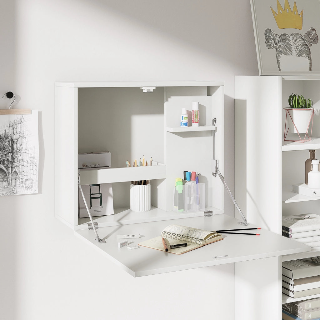 Scrivania a Muro Pieghevole e Salvaspazio con Ripiani, per Casa e Ufficio, in Truciolato e MDF, 60x21.5x50 cm, Bianco