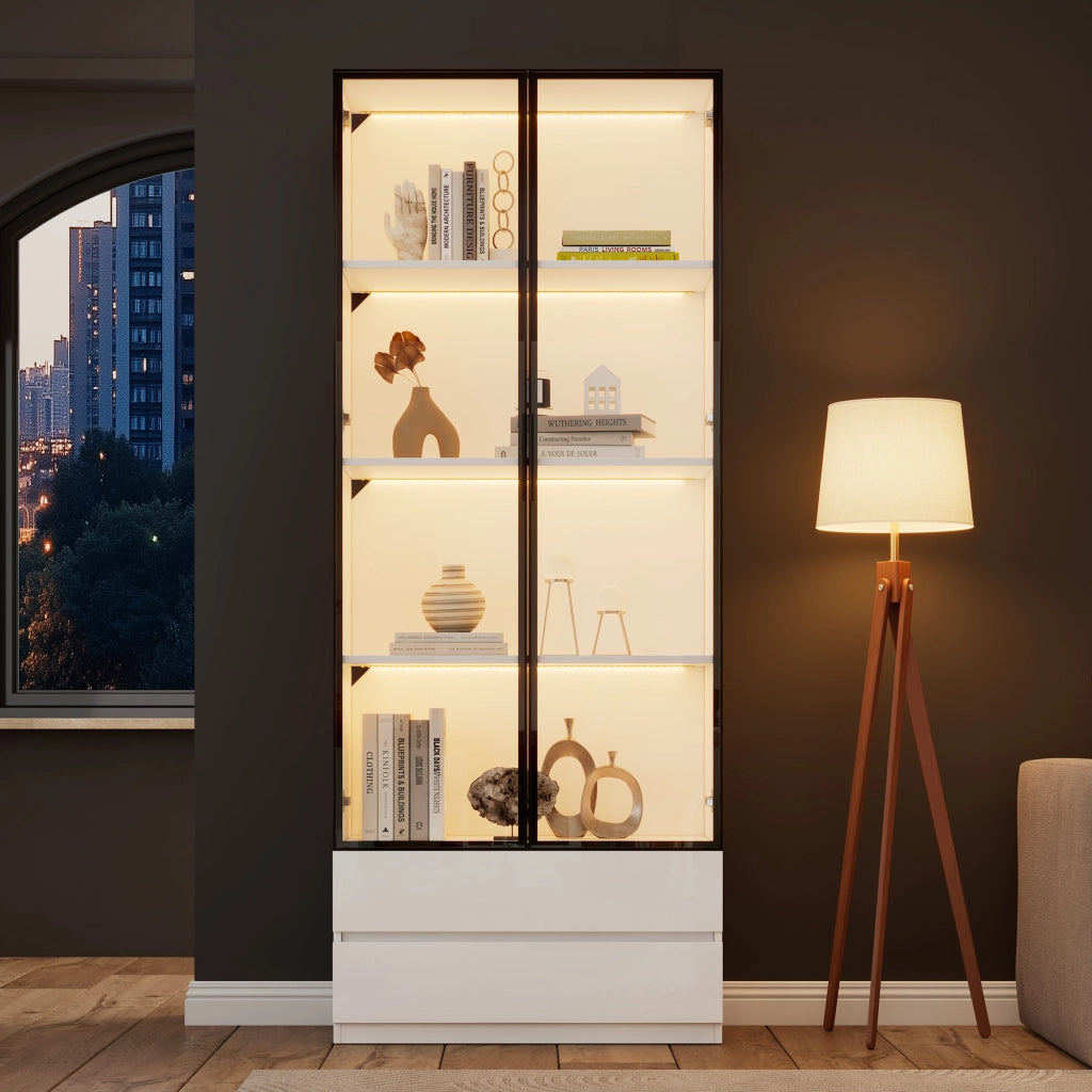 Vetrina con LED, 2 ante e 2 cassetti, per soggiorno e studio, in MDF e vetro temperato, bianco, 80 × 34 × 200 cm
