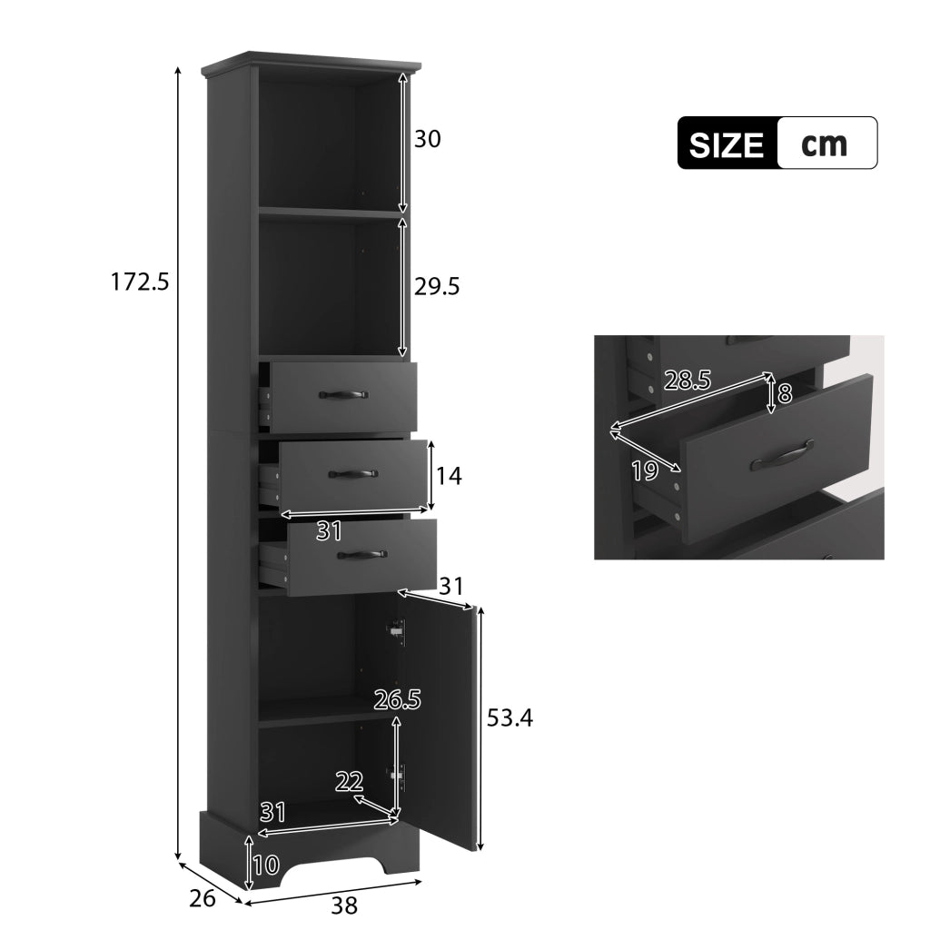 Mobile bagno alto 38 x 26 x 172,5 cm in MDF nero, con 3 cassetti, ripiani aperti e anta, finitura laccata resistente all¡¯umidit¨¤