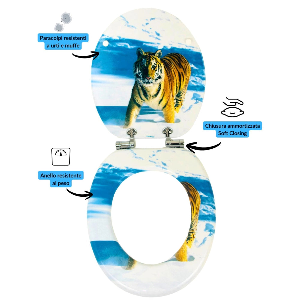 Sedile wc copri vater universale frizionato fantasia in mdf chiusura rallentata *** fantasia tiger, confezione 1