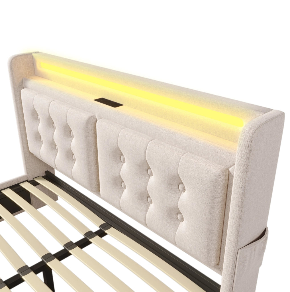 Letto imbottito 160x200 cm con LED; USB e 4 cassetti in cotone lino grigio/beige