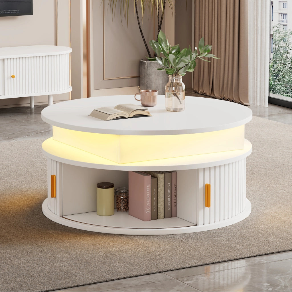 Tavolino rotondo elevabile 75 cm bianco con LED, vano contenitore e serrande