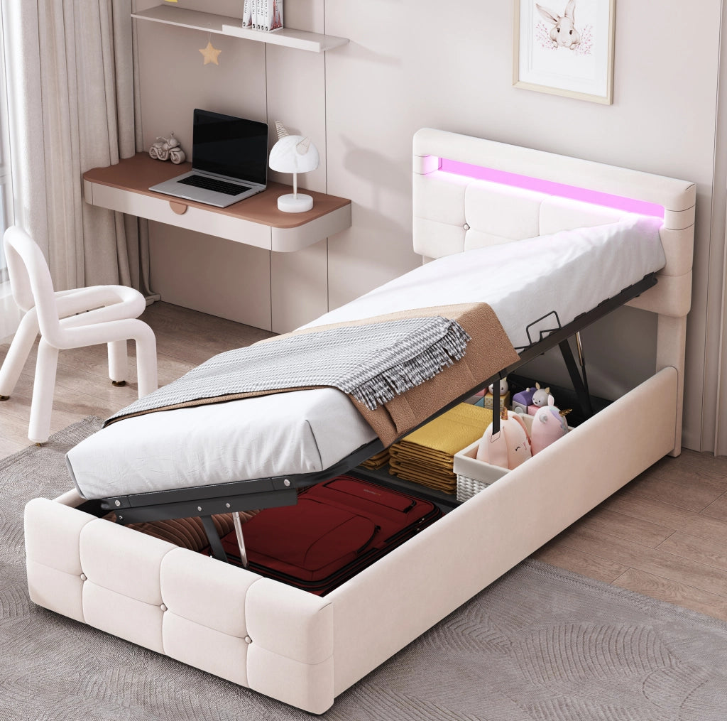Letto imbottito 90x200 cm; con luci LED; velluto beige (Senza materasso)