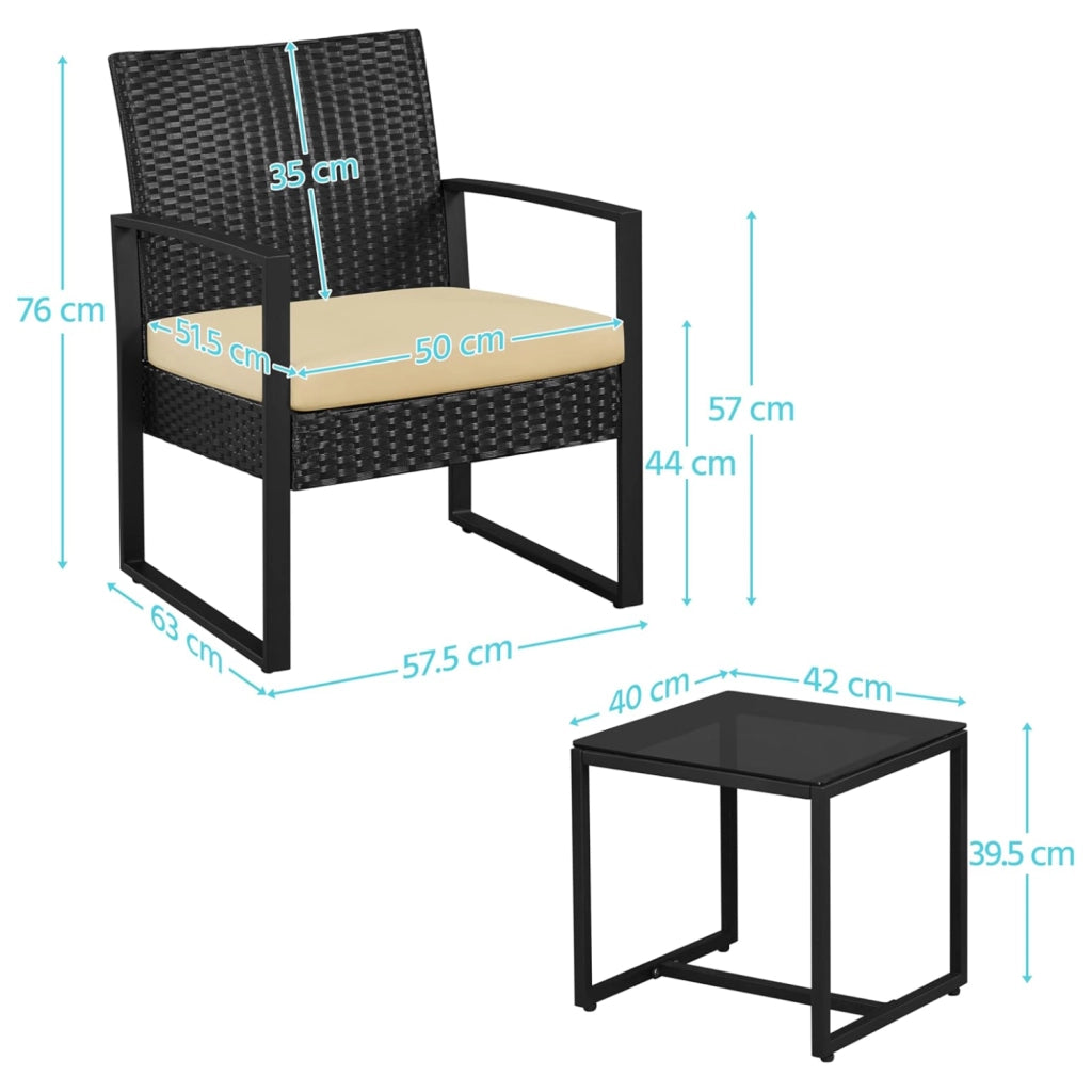 Set Da Giardino 2 Poltroncine Con Tavolino Sedie Con Cuscini Beige Polyrattan E Metallo Design Moderno 57.5 x 63 x 76 Cm Nero