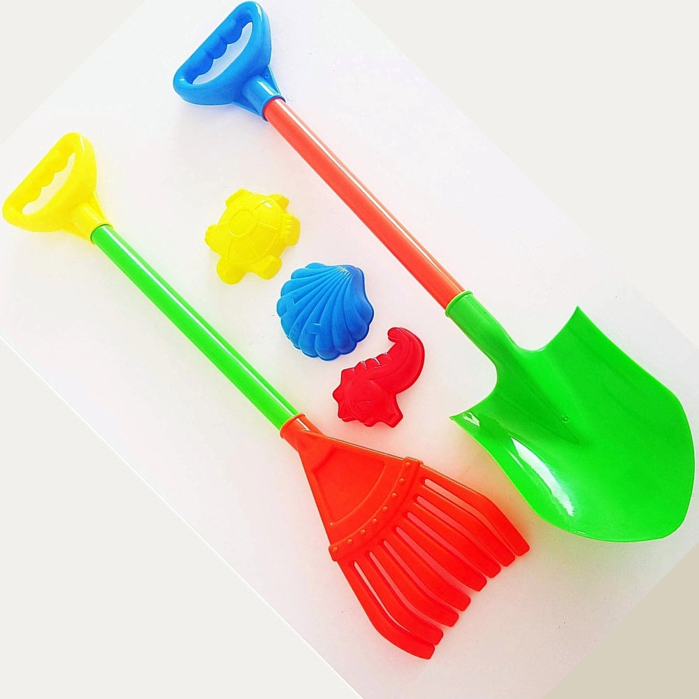 Trade Shop - Set 5 Pz Pala Rastrello 60cm 3 Forme Sabbia Gioco Spiaggia Mare Infanzia Bambini -