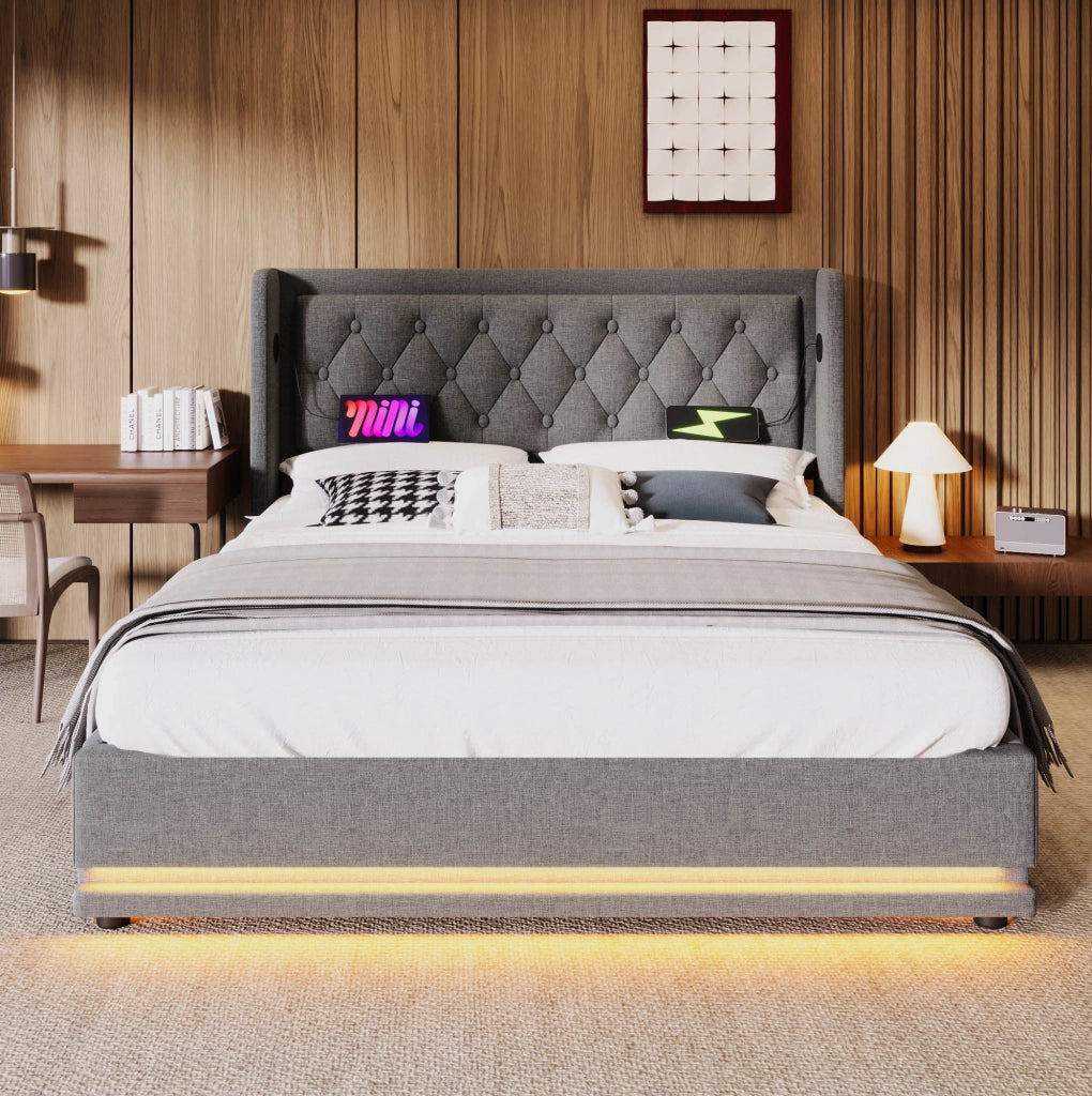Letto matrimoniale imbottito 160x200 cm grigio con materasso