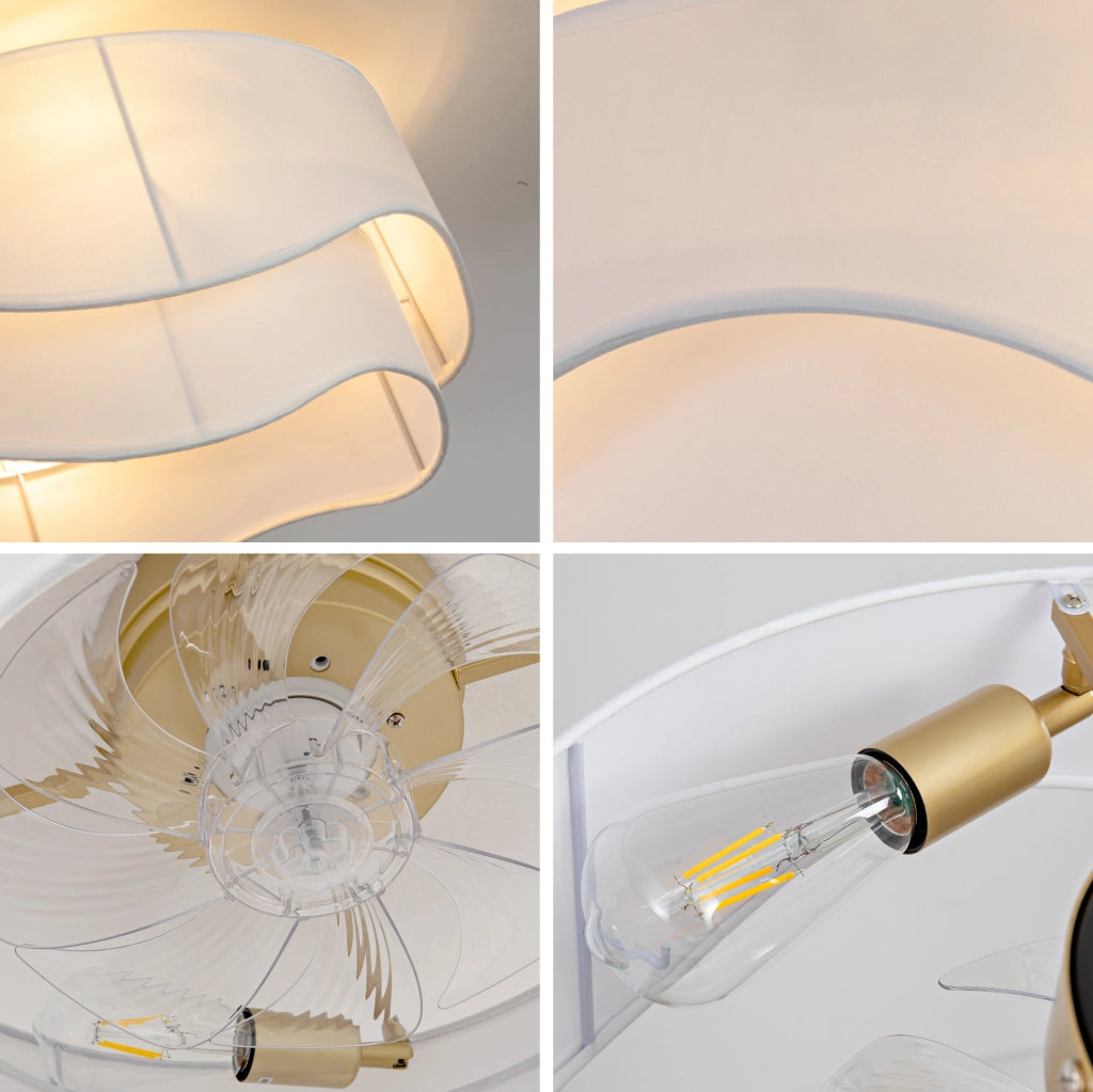Ventilatore da soffitto con luce in tessuto; controllo Bluetooth e telecomando; oro e bianco