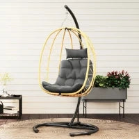 Poltrona Sospesa e Pieghevole con Cuscini, in Acciaio e Rattan PE, 102x102x195 cm, Nera Grigia e Beige