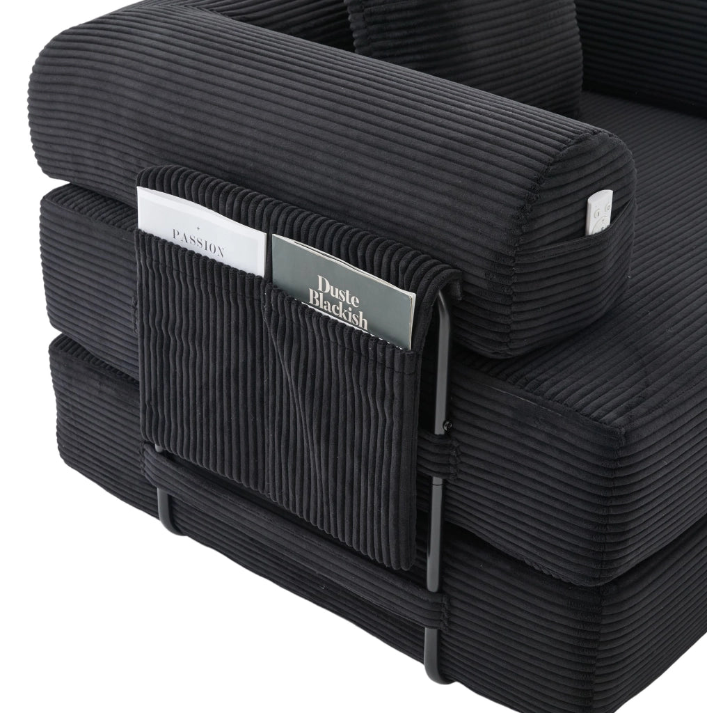 Sofa modulare in tessuto corduroy nero con struttura in metallo; 200 x 190 x 67 cm