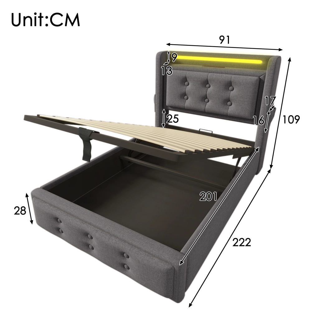 Letto imbottito 90x200 cm grigio con materasso, LED, prese USB-C e vano contenitore