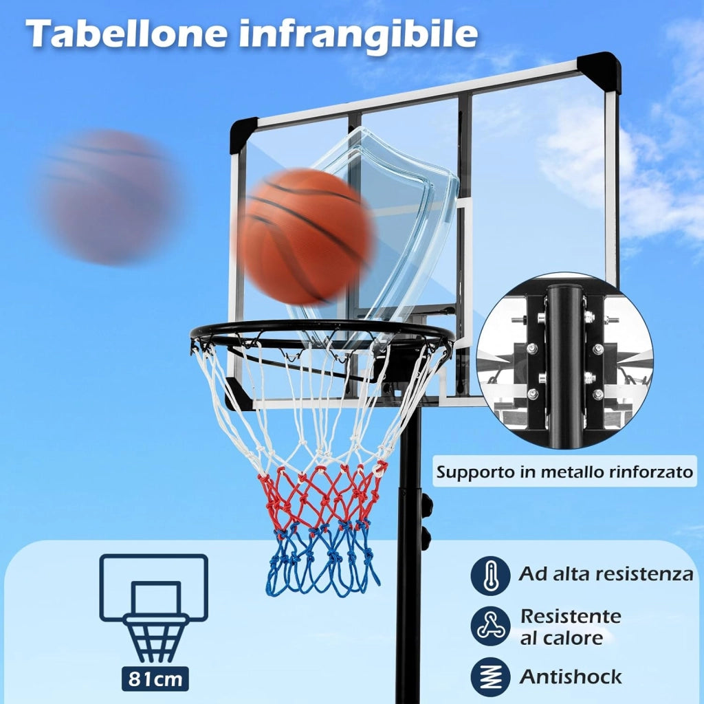 Canestro da Basket Portatile e Regolabile in Altezza 223-253 cm, Canestro da Basket da Esterno ed Interno con Tabellone Antisfondamento, Base Riempibile e Ruote