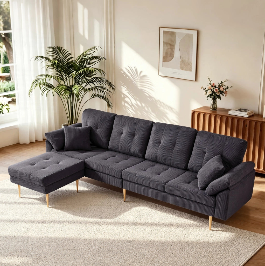 Divano 4 posti con pouf separato modulabile in velluto a coste grigio scuro