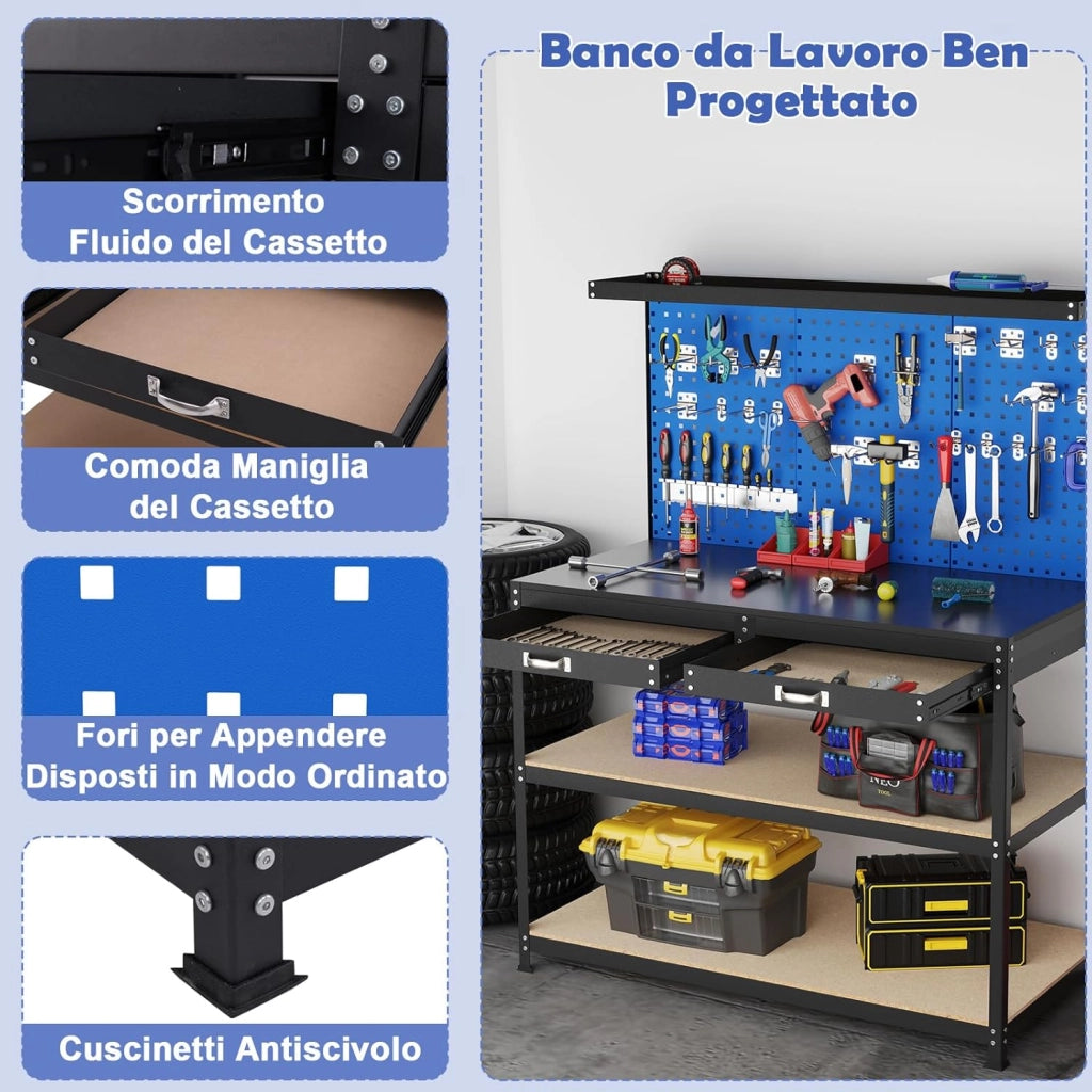 Banco da Lavoro con Piano da 120 x 60 cm, Banco da Lavoro Officina con Pannello Forato e 24 Ganci Porta Attrezzi, Tavolo da Lavoro per Garage con 2 Cassetti e 2 Mensole (Blu)