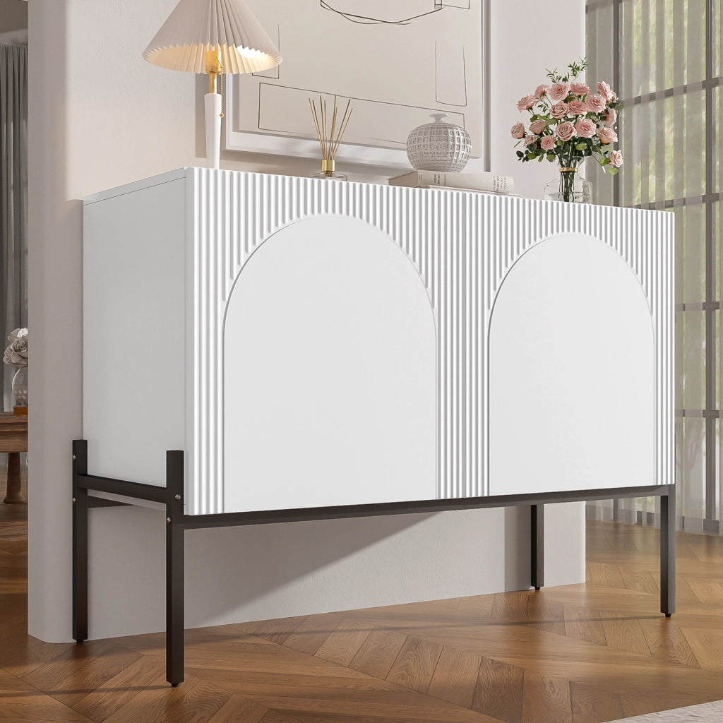 Credenza moderna con 2 ante, struttura in metallo e design ad arco, bianca, 100 x 40 x 75 cm