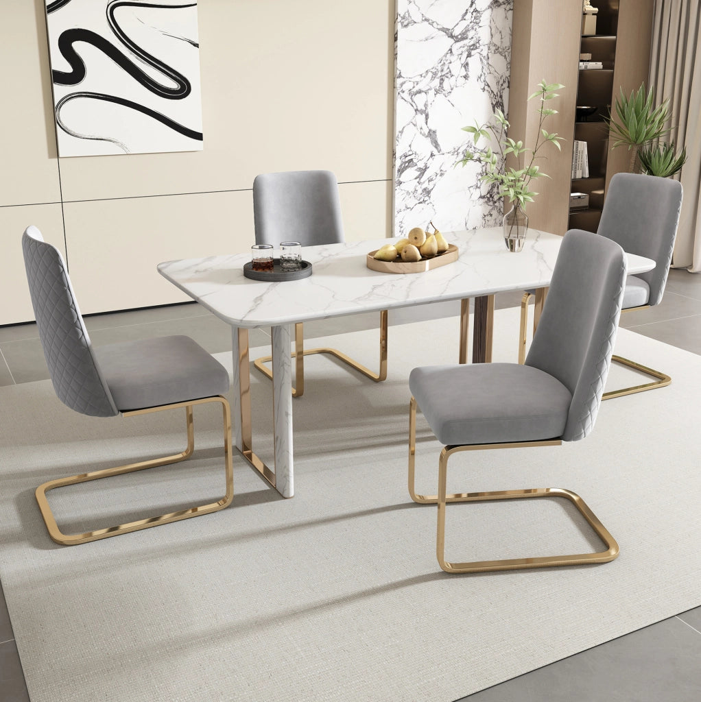 Set di 6 sedie da pranzo in velluto con schienale a rombi e gambe in metallo; grigio
