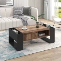 Tavolino in Legno Effetto Naturale con Cassetto Senza Maniglia, Scomparto Anteriore e Posteriore, Tavolino da Salotto Spazioso, Antracite, Nero + Grigio