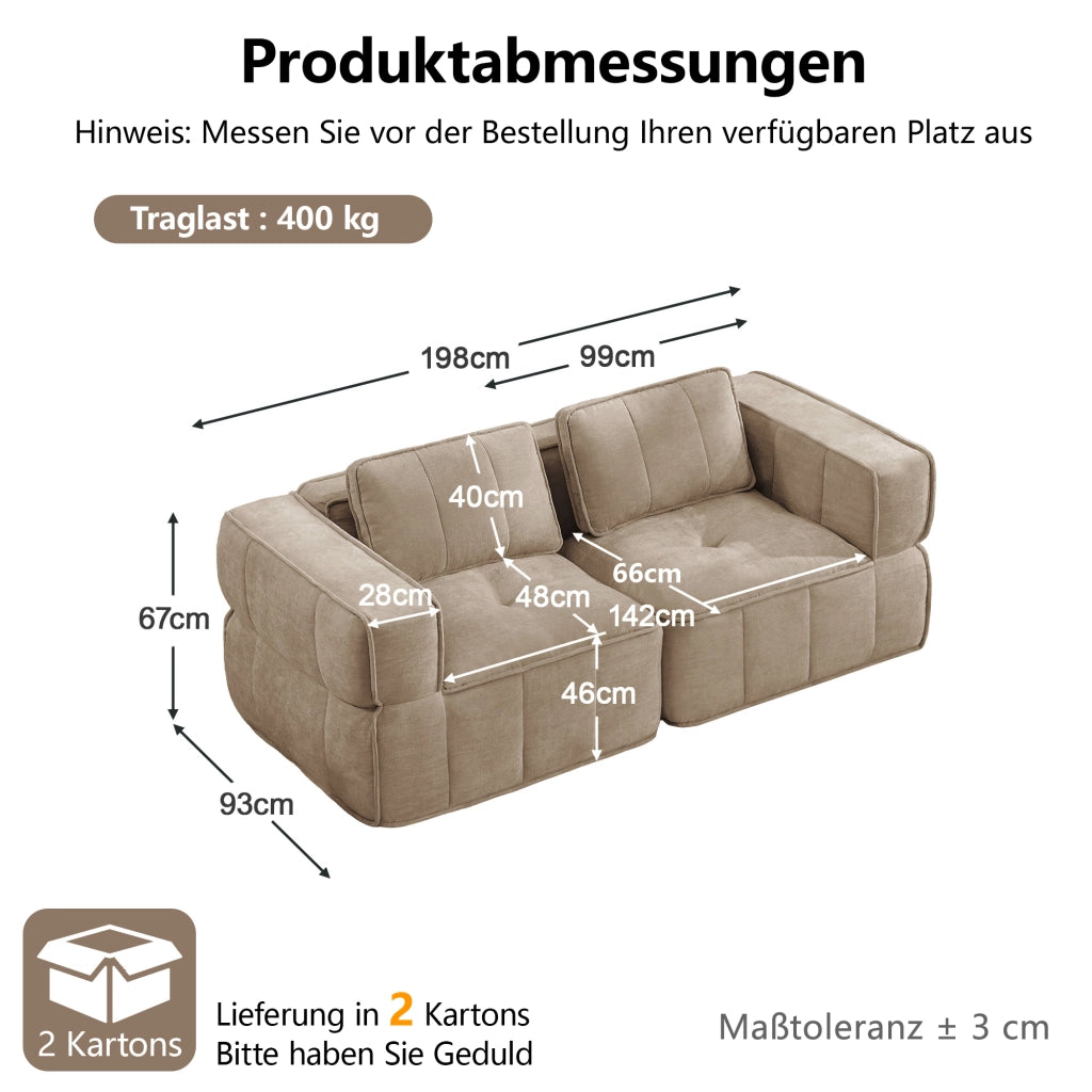 Divano modulare a due posti senza struttura in poliestere con seduta profonda e braccioli larghi sand 198 × 93 × 67 cm
