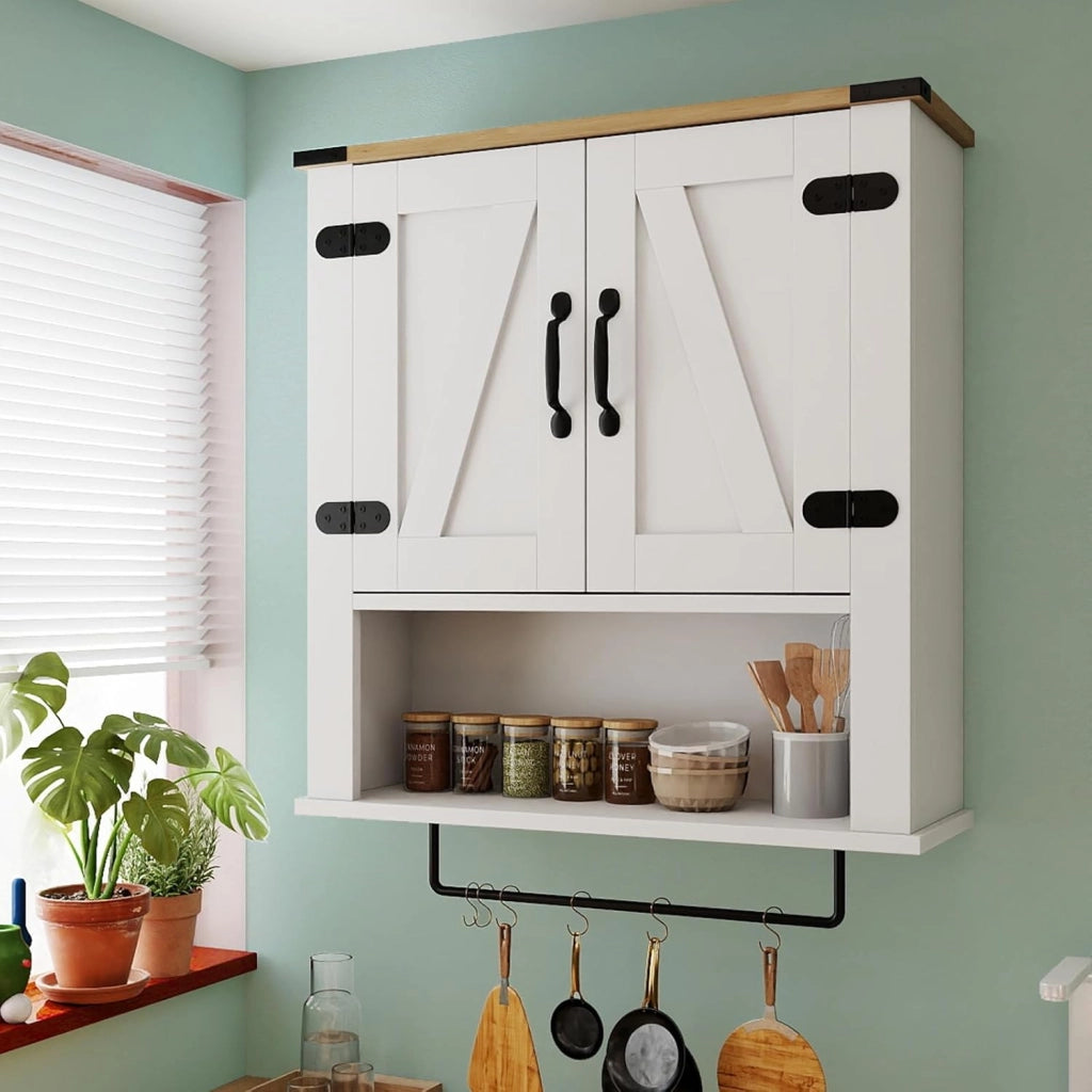 Mobiletto da Parete per Bagno con Porta Asciugamani, Armadietto Farmhouse con Ante a Botte & Ripiano Regolabile, Organizer da Muro Sopra il WC per Lavanderia, Cucina e Soggiorno