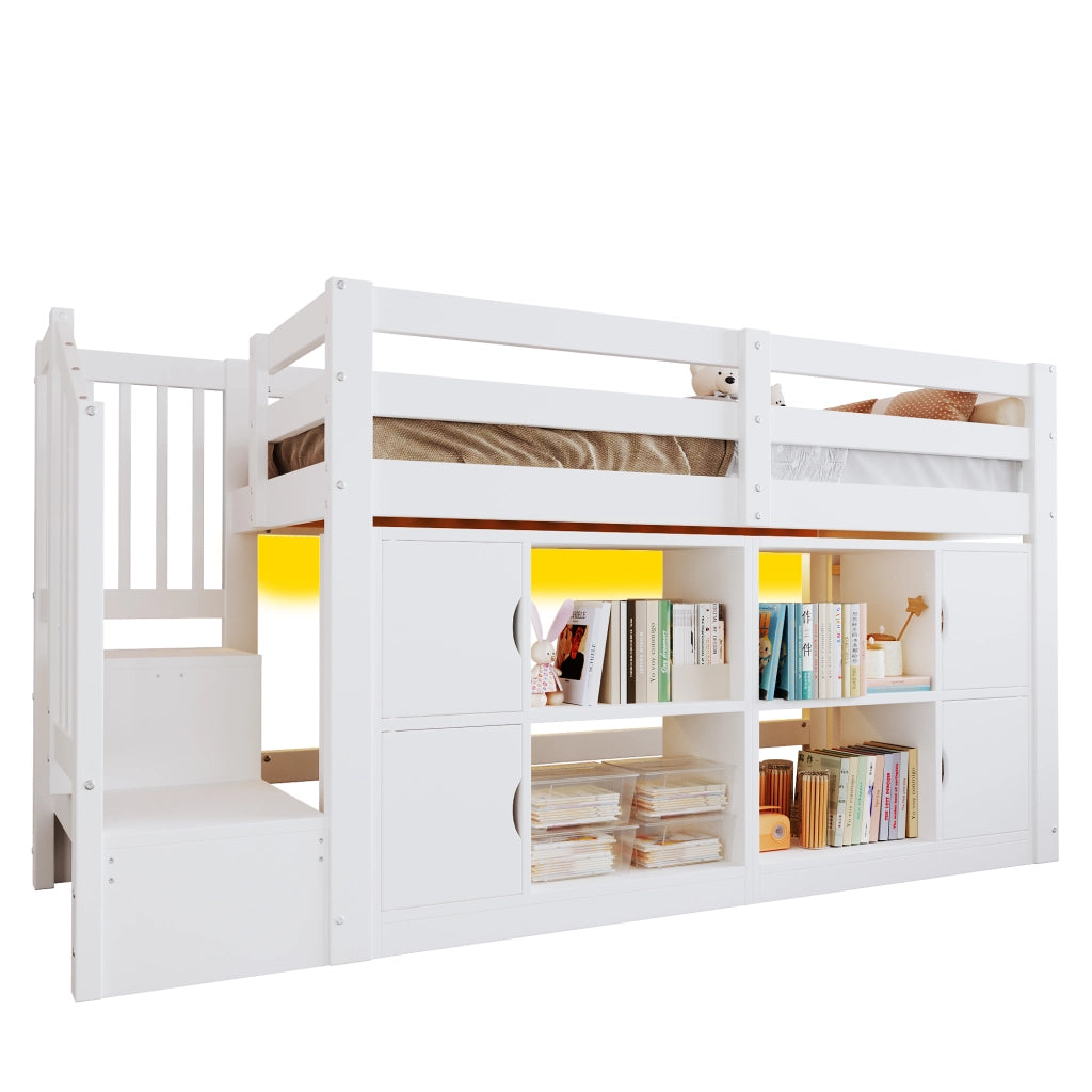 Letto a soppalco 90x200 cm con scala contenitore e LED in legno bianco